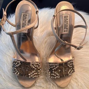 Badgley Mischka Satin Embellished Heel Evening Shoe with delicate ankle strap